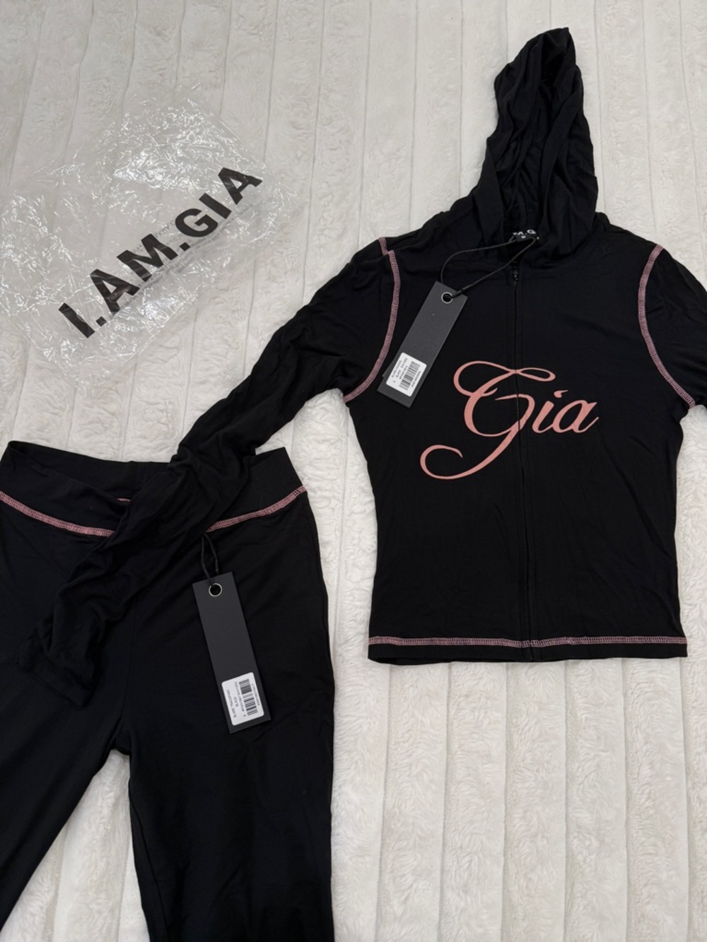 I.AM.GIA Black Hoodie & Legging Set with Pink Script. Size Small.